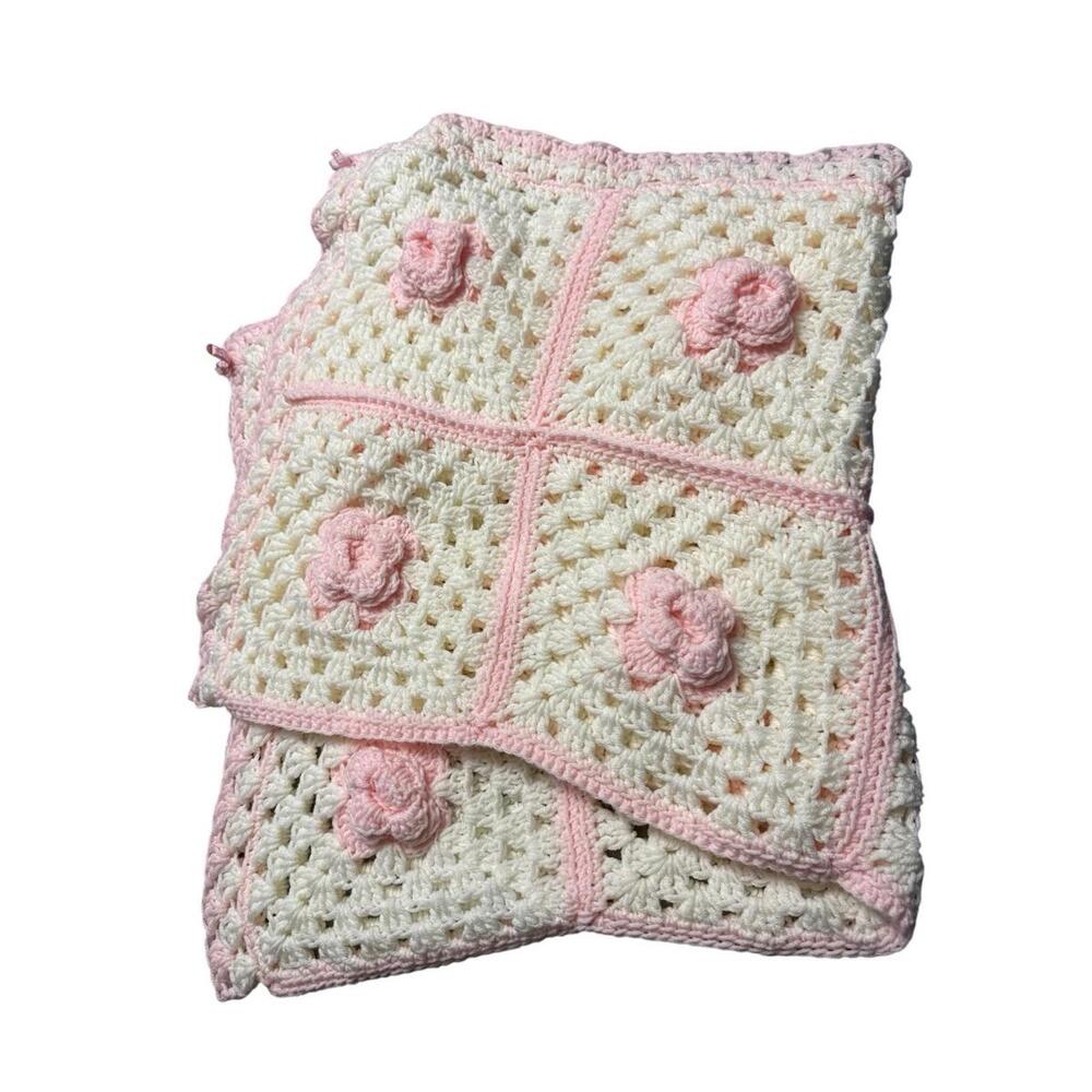 Handmade Crochet Blanket – 42” x 42” – Pink‎ & White – Excellent Condition